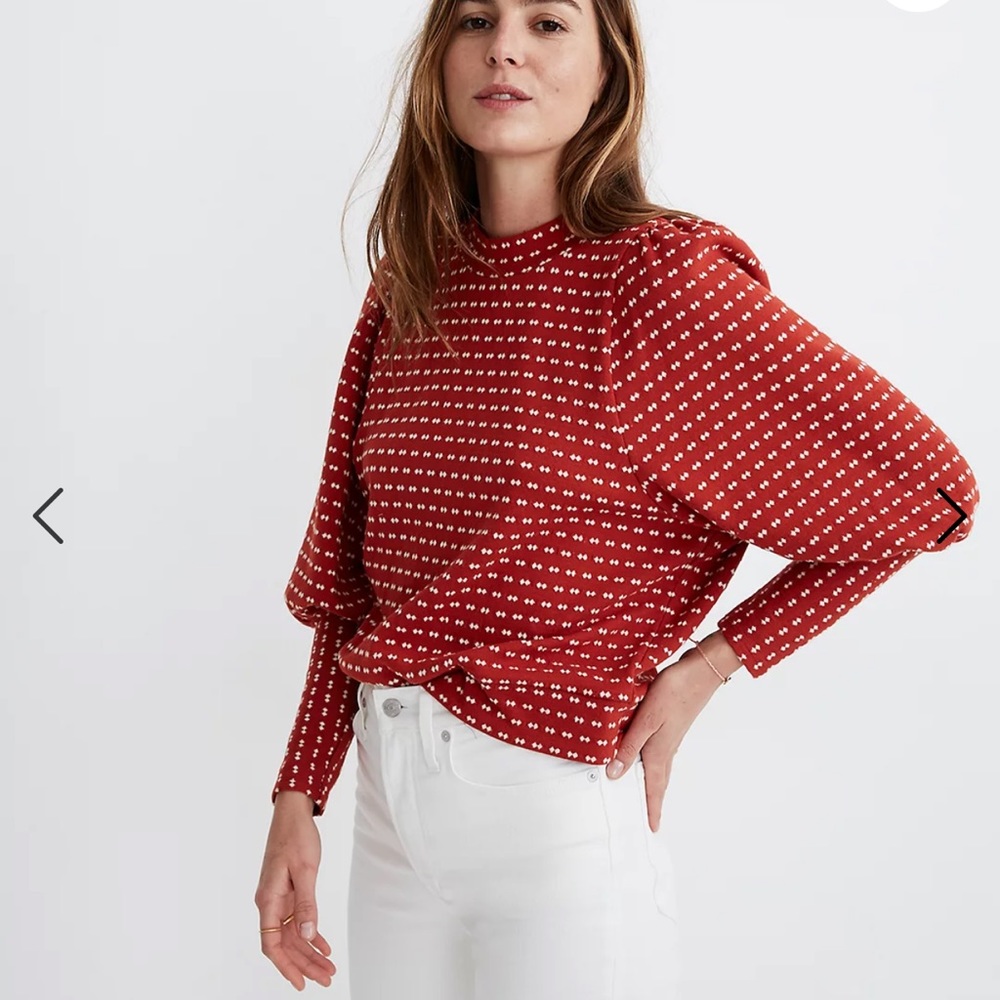 Puff-Sleeve Mockneck Top in Bow-Tie Jacquard